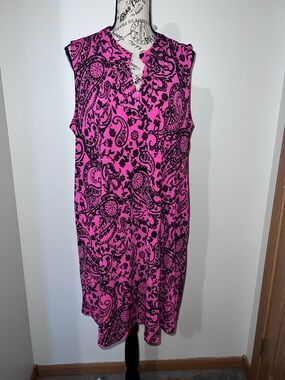 Dear Scarlett Hot Pink Black Paisley Liz T Shift Dress XL Sleeveless V-Neck